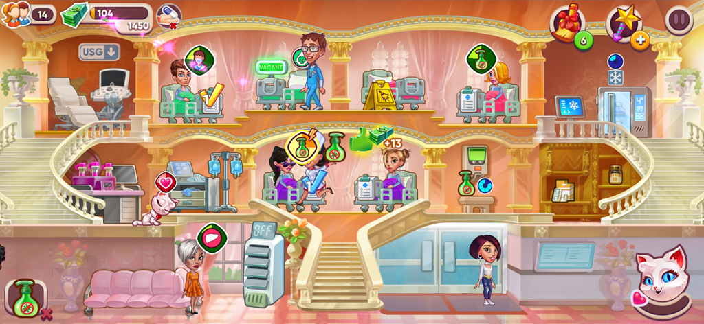 Doctor Dash 2: Clinic ASMR - Captura de pantalla del juego de Doctor Dash 2 mostrando un hospital de varios niveles con enfermeras y médicos cuidando a los pacientes.