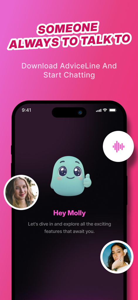 AI Vent Therapy AdviceLine AI - Un teléfono inteligente que muestra la interfaz de chat de AdviceLine AI con una mascota amigable y el texto "Alguien siempre para hablar."