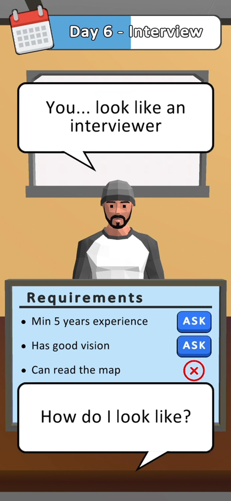 Hiring Job 3D - A 3D character in a job interview simulation with a requirements checklist and dialogue boxes.