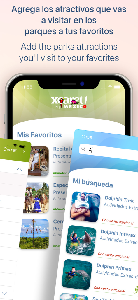 XCARET app interface showing the favorites list and activity search features for park attractions