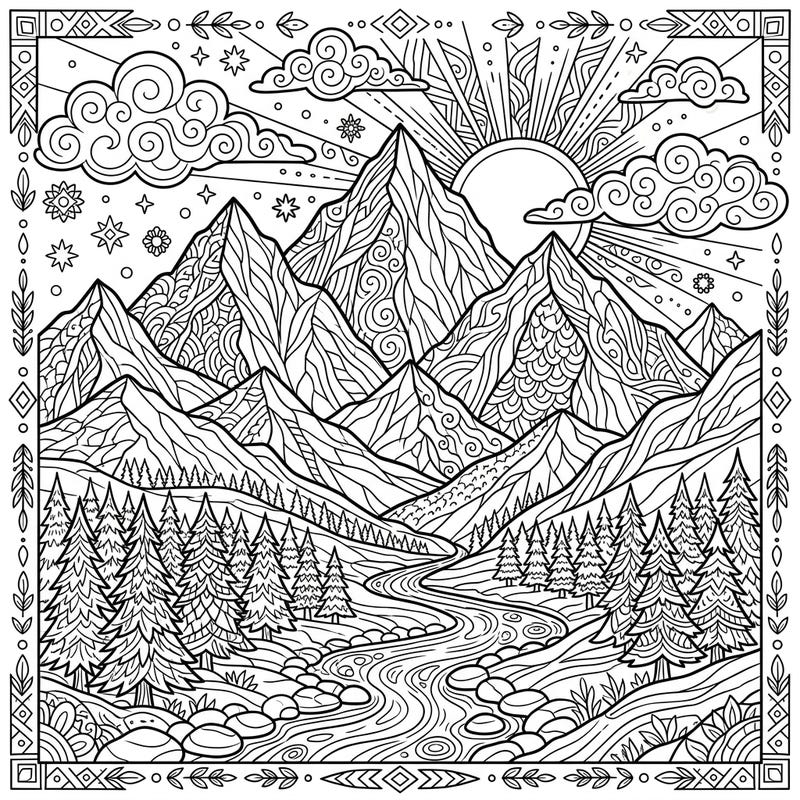 Embark on a creative journey with this stunning line art coloring page featuring majestic mountains and a serene natural landscape. Perfect for adults seeking relaxation and an artistic challenge.