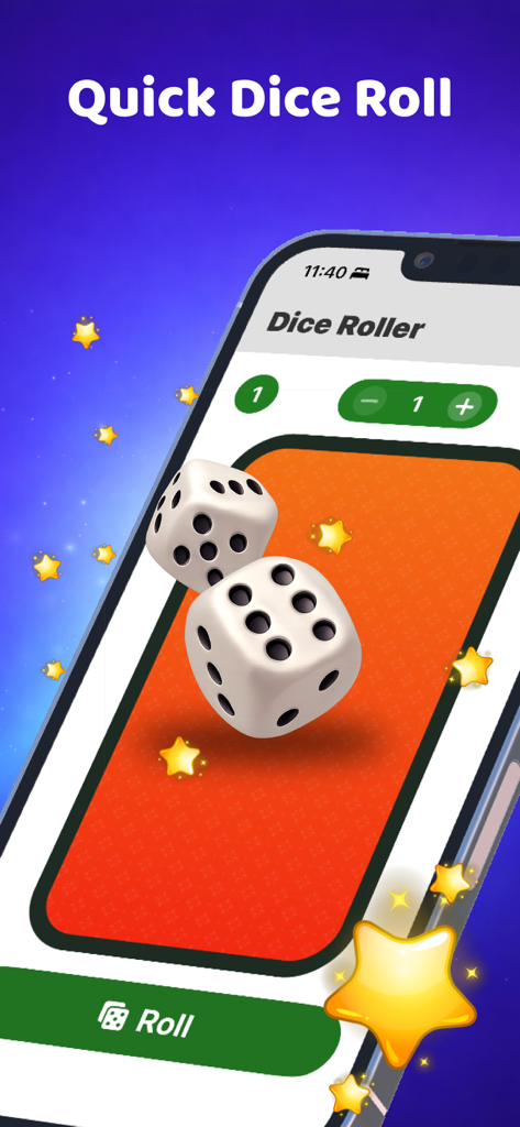 Tela de smartphone mostrando a interface do aplicativo Dice Roller com dois dados 3D sobre um fundo laranja.