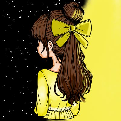 realistic girl  with hip length hair a bun and a big bow on the back of head