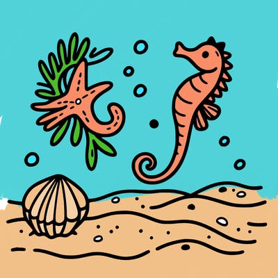 sand, sea horse, starfish
