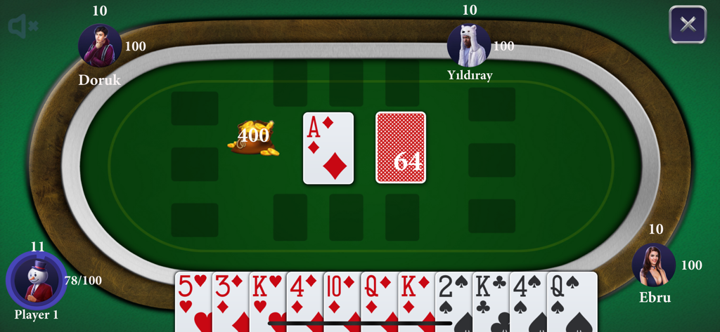 Yanik - A gameplay screenshot of the Yanik card game showing a green table with four players and a hand of cards at the bottom