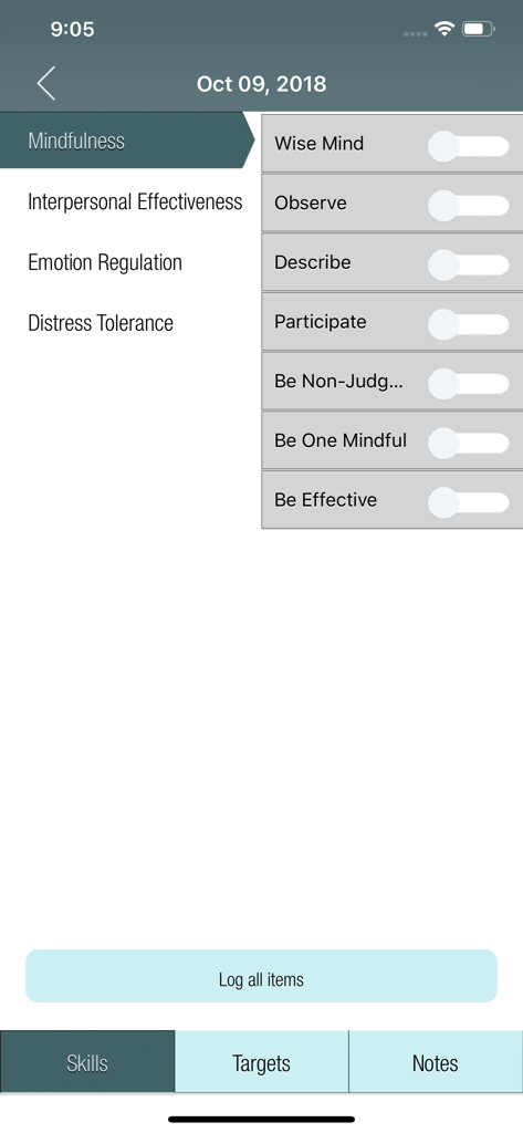DBT Diary Card & Skills Coach - DBT Diary Card app mindfulness skills tracking interface