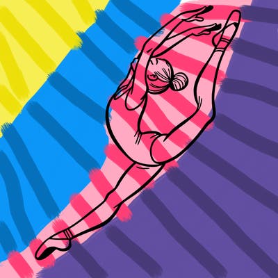 gymnast doing a leap in a leotard with a bent back leg