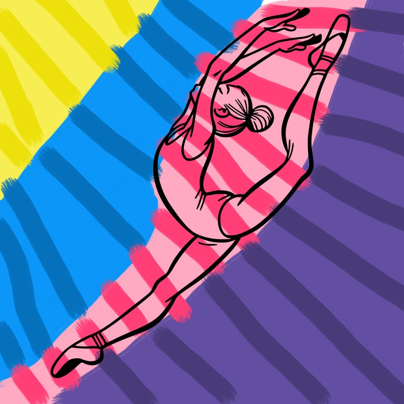 gymnast doing a leap in a leotard with a bent back leg