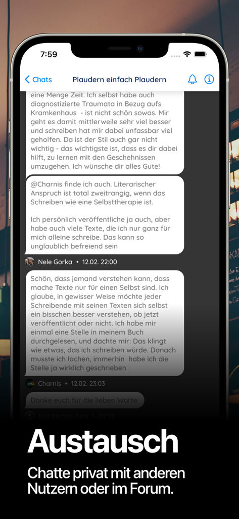 Storyban App-Oberfläche, die den privaten Chat und das Community-Forum für Autoren zeigt