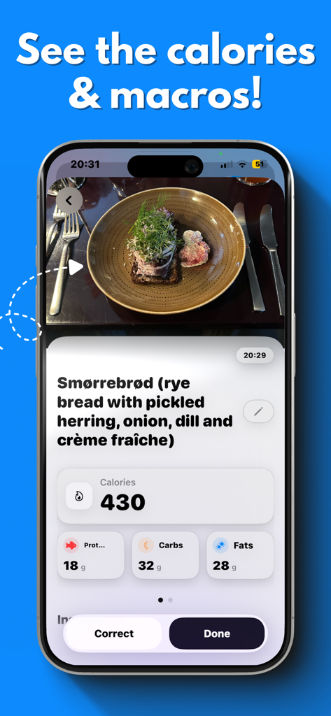 Kalí - Kali mobile app interface displaying a food photo and its calculated calorie and macro data