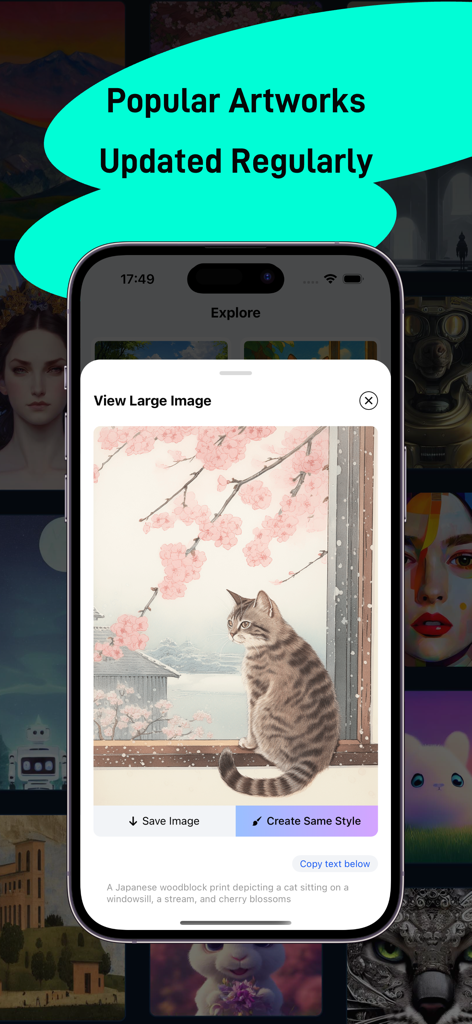 AI Art Generator Image - AI Art Generator app interface showing a Japanese woodblock style artwork of a cat on a windowsill.