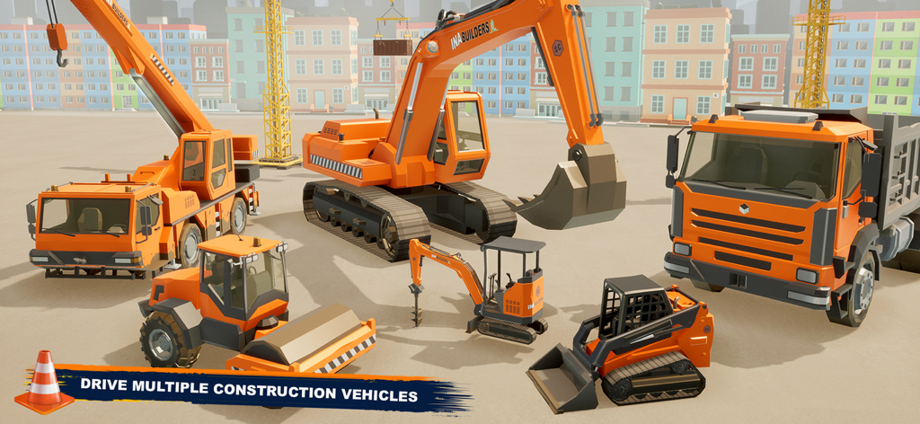 Builder City Construction 3D - Una variedad de vehículos de construcción naranjas, incluyendo una grúa, una excavadora y un volquete en un entorno de ciudad 3D.