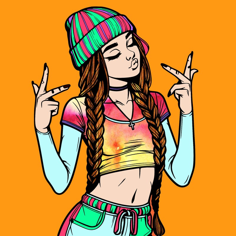 realistic teenage girl with braids and a beanie and crop top doing 🫶🏼