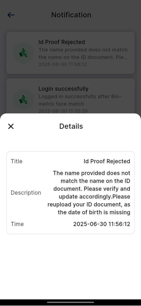 Codego KYC - Codego KYC App Bildschirm mit einer detaillierten Benachrichtigung für einen abgelehnten Identitätsnachweis.