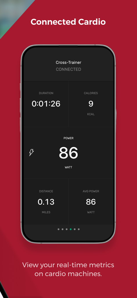 Life Fitness Connect app showing real-time cardio metrics including duration calories and power for a cross-trainer workout
