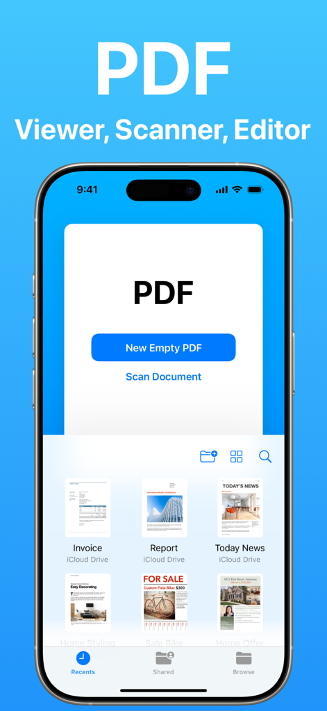 PDF: Reader, Scanner, Editor - Interfaz principal de una aplicación de visor y escáner de PDF que muestra opciones para crear un nuevo PDF o escanear un documento en un iPhone.