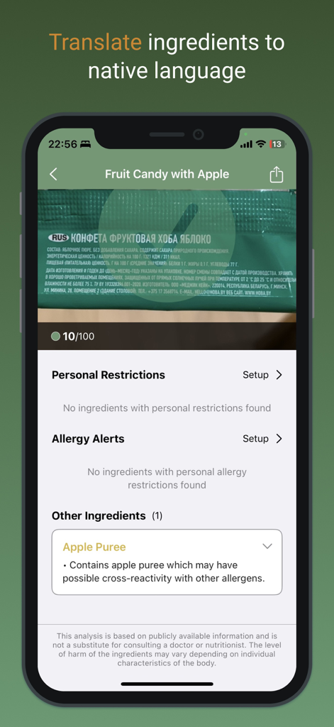 HealthifyScan: AI Food Checker - HealthifyScan app interface translating and analyzing ingredients from a foreign food label