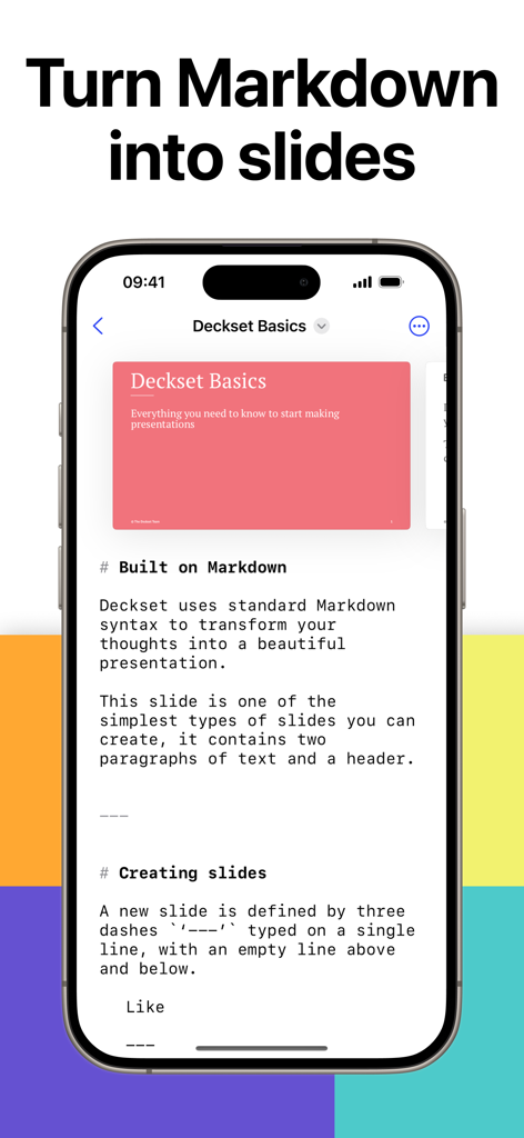 Deckset: Your Notes to Slides - iPhone showing the Deckset app interface converting Markdown text into a presentation slide.
