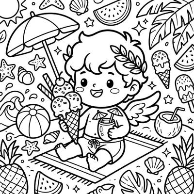 Embrace the joy of summer with this delightful Kawaii Eros God coloring page. This charming design features the adorable god of love enjoying a relaxing beach day filled with sweet treats and tropical fun.