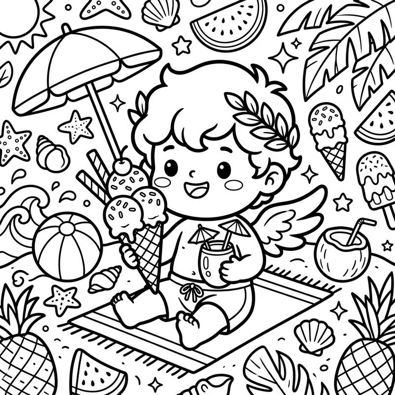 Embrace the joy of summer with this delightful Kawaii Eros God coloring page. This charming design features the adorable god of love enjoying a relaxing beach day filled with sweet treats and tropical fun.