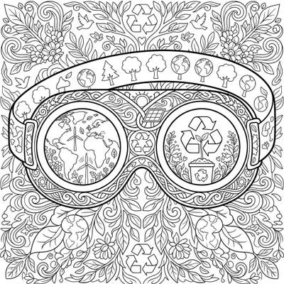 Celebrate Earth Day with this uniquely designed adult coloring page, featuring goggles filled with intricate global and eco-friendly patterns. Explore a world of sustainable beauty as you bring these detailed illustrations to life with your favorite colors.