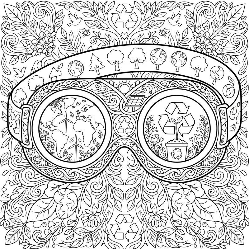 Celebrate Earth Day with this uniquely designed adult coloring page, featuring goggles filled with intricate global and eco-friendly patterns. Explore a world of sustainable beauty as you bring these detailed illustrations to life with your favorite colors.