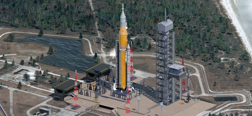 Space Simulator - Una simulazione realistica di un razzo multistadio sulla sua rampa di lancio in un centro spaziale.