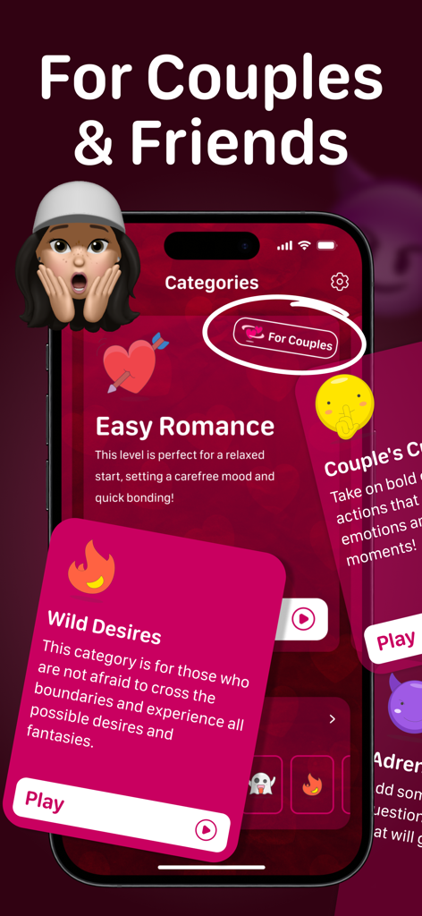 Spicy Truth or Dare 18 Game - A mobile app screen for Spicy Truth or Dare showing romance and adult game categories