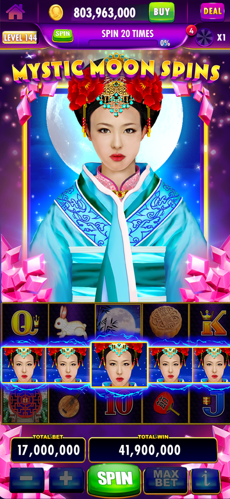 Mystic Moon slot machine gameplay in Cashman Casino app featuring an Asian woman character and virtual win amounts