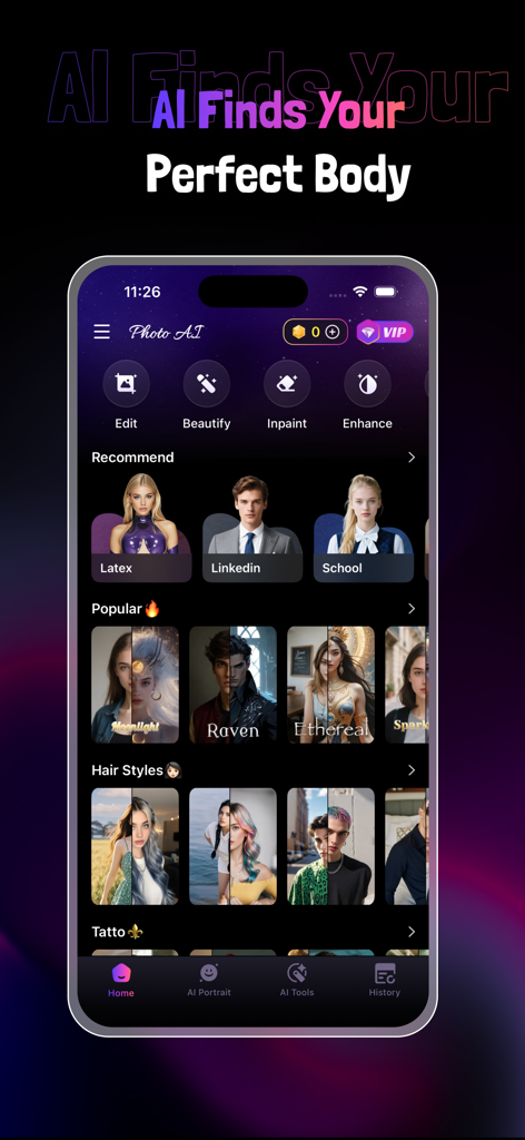 Photo AI Enhancer - Screenshot der Photo AI Enhancer App-Oberfläche, die KI-Körper- und Porträtverbesserungsfilter zeigt