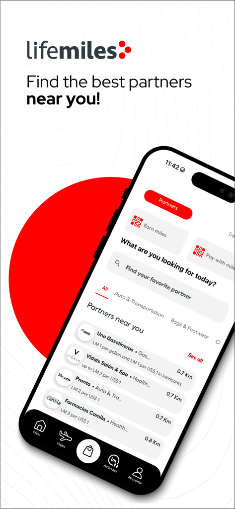 LifeMiles - LifeMiles app interface showing a list of nearby partner stores to earn and spend miles.