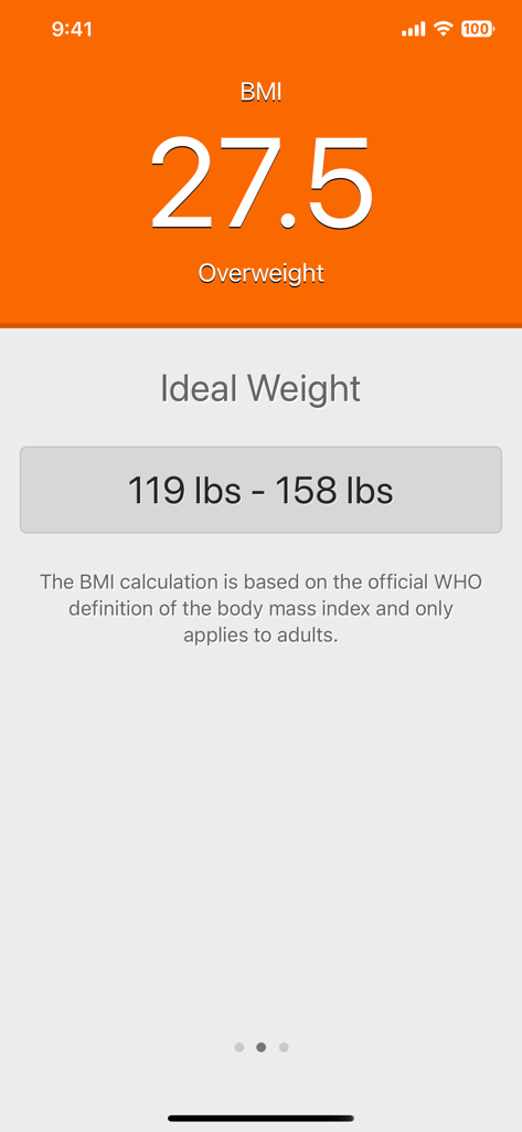 BMI Calculator for Weight Loss - Calcolatore IMC che mostra un punteggio di 27.5 e un intervallo di peso ideale per adulti