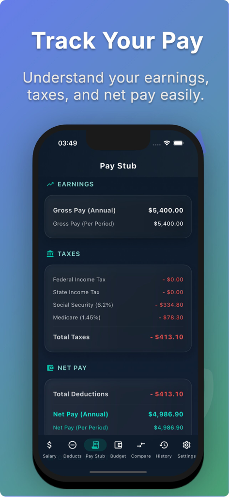総支給額、税金、純収入の計算を含む詳細な給与明細を表示するスマートフォンの画面