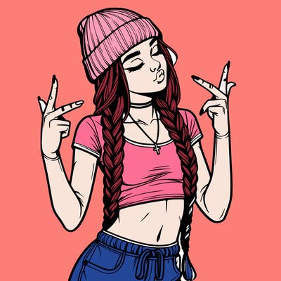 realistic teenage girl with braids and a beanie and crop top doing 🫶🏼
