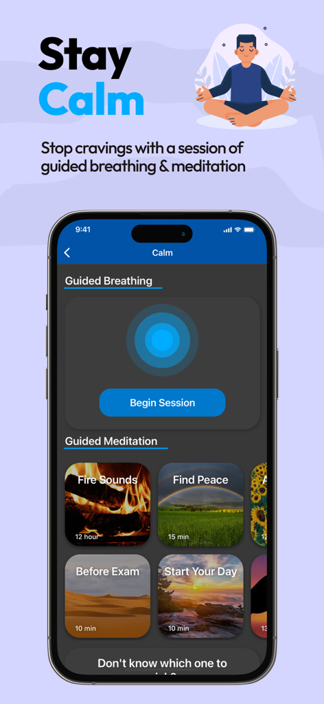 Quit Vaping - Interface da app Deixe o Vaping mostrando opções de respiração guiada e meditação para ajudar a parar desejos.