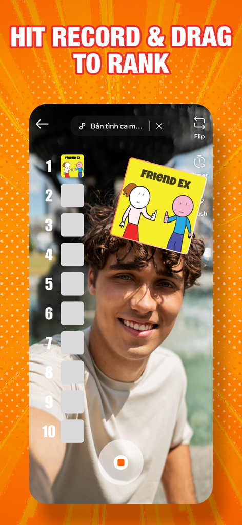 A young man recording a video on the Ranking Filter app to rank items from one to ten.