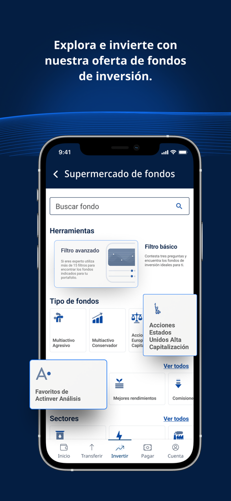 Actinver - Actinver app screen showing the investment funds supermarket with search and filter options