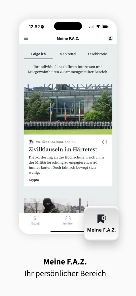 F.A.Z. - Nachrichten - Interfaz de la aplicación de noticias FAZ que muestra un feed de noticias personalizado titulado Meine FAZ con pestañas de artículos e historial de lectura