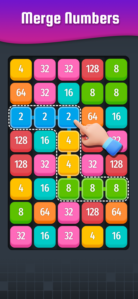 Number Connect - Link 2048 - Number Connectパズルゲームで、一致する番号のタイルをリンクしてマージしている手