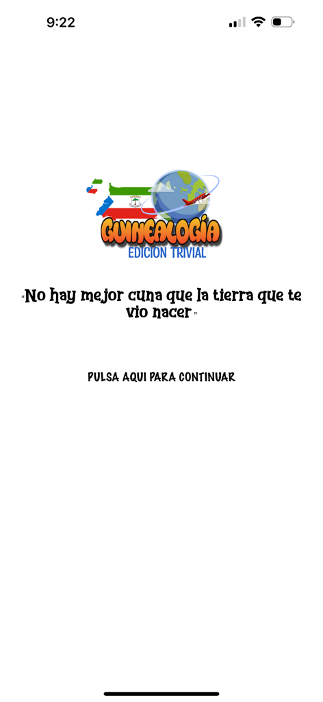 Guinealogia - Pantalla de inicio de la aplicación Guinealogia con un logo de globo terráqueo, el mapa de Guinea Ecuatorial y una cita cultural española.