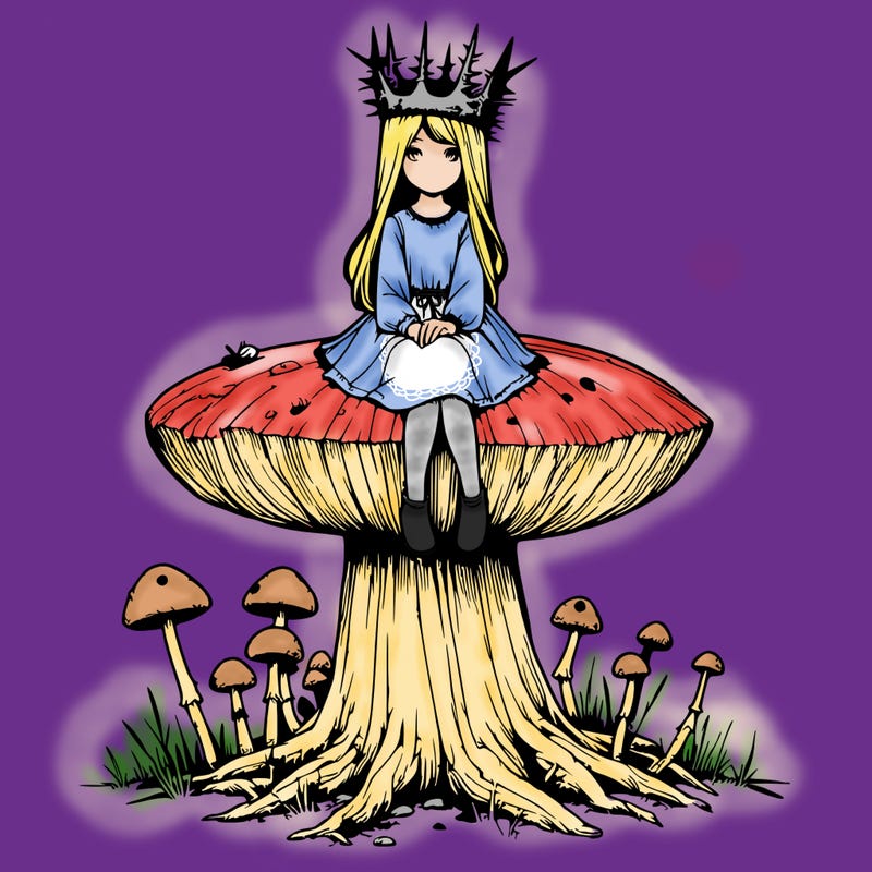 realistic girl sitting on a huge tree stump size toadstool with thorn crown
