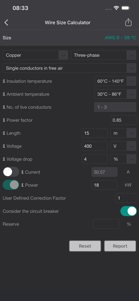 Interface of the Wire Size Calculator in the Mobile Electrician app showing parameters for electrical conductor sizing