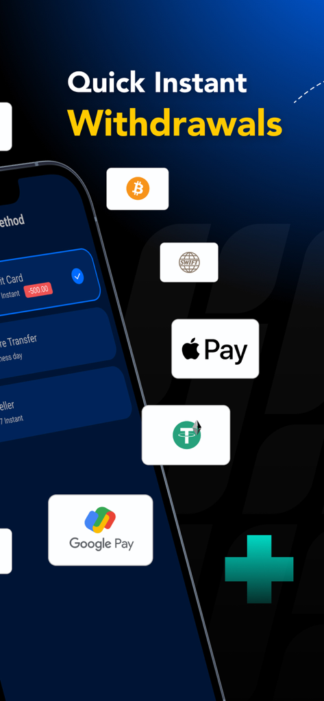 PU Prime - Forex Trading - Apple PayやGoogle Payを含む様々な即時出金決済方法を表示するPU Primeアプリインターフェース