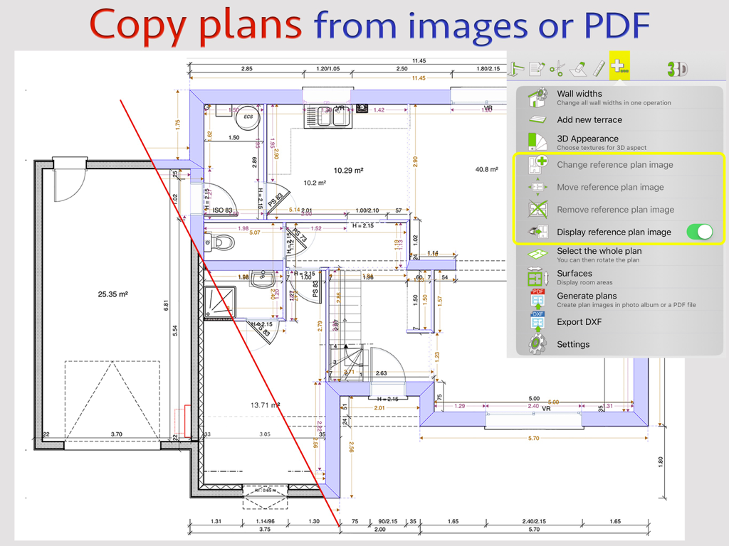 QuickPlan 3D - Floor plans - Interface of QuickPlan 3D showing how to trace and copy a floor plan from an imported image or PDF file