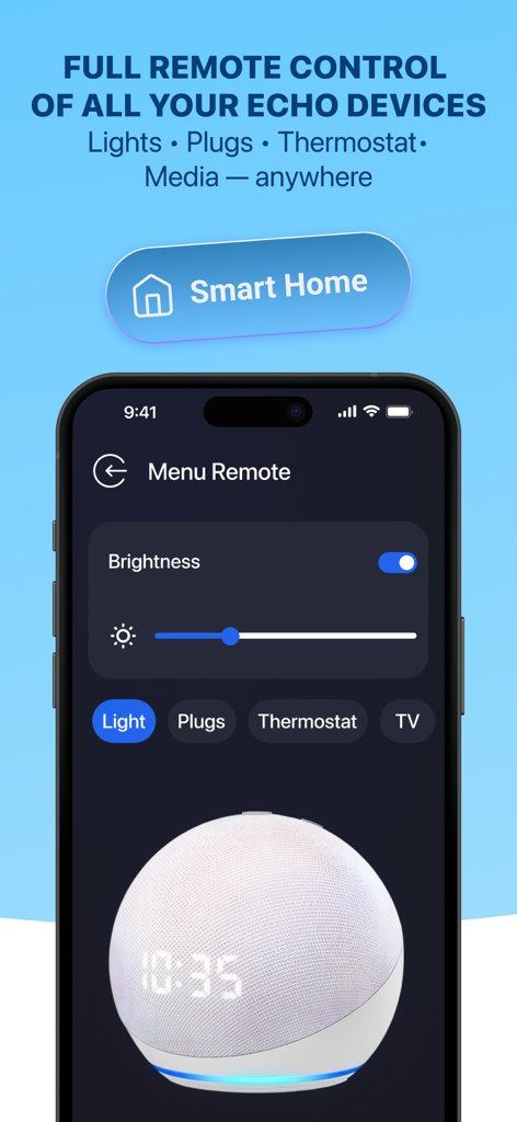 Smart Alexa：Voice Commands - Smart Alexa app interface showing remote control settings for lights and smart home devices next to an Echo Dot.