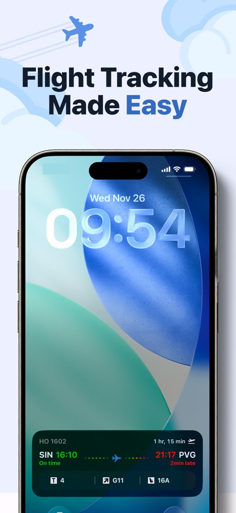 OnlyFlights - Flight Tracker - iPhoneのロック画面に、リアルタイムのフライト詳細が表示されているOnlyFlightsアプリのライブフライト追跡ウィジェットが表示されています