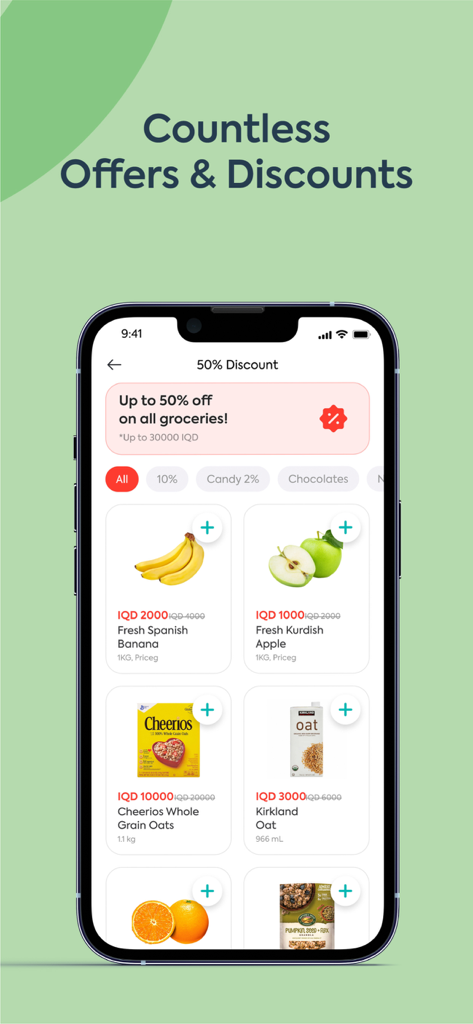 Show Market - Show Marketモバイルアプリの画面。新鮮な果物や朝食用シリアルなどの割引された食料品を表示。