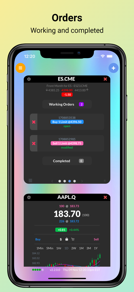 Rithmic Trader Pro™ - Rithmic Trader Pro app interface showing working limit orders for ES futures and AAPL stock