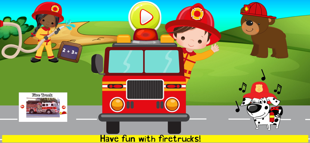 Cartoon fire truck menu screen with firefighters a bear and a dalmatian dog for kids education