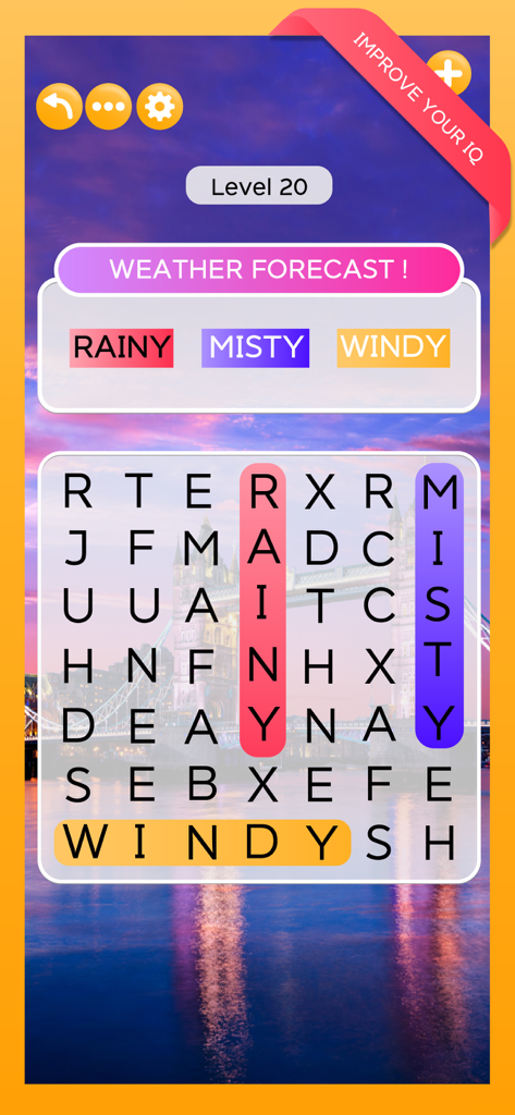 Word search puzzle gameplay featuring weather themed words and a scenic London background.